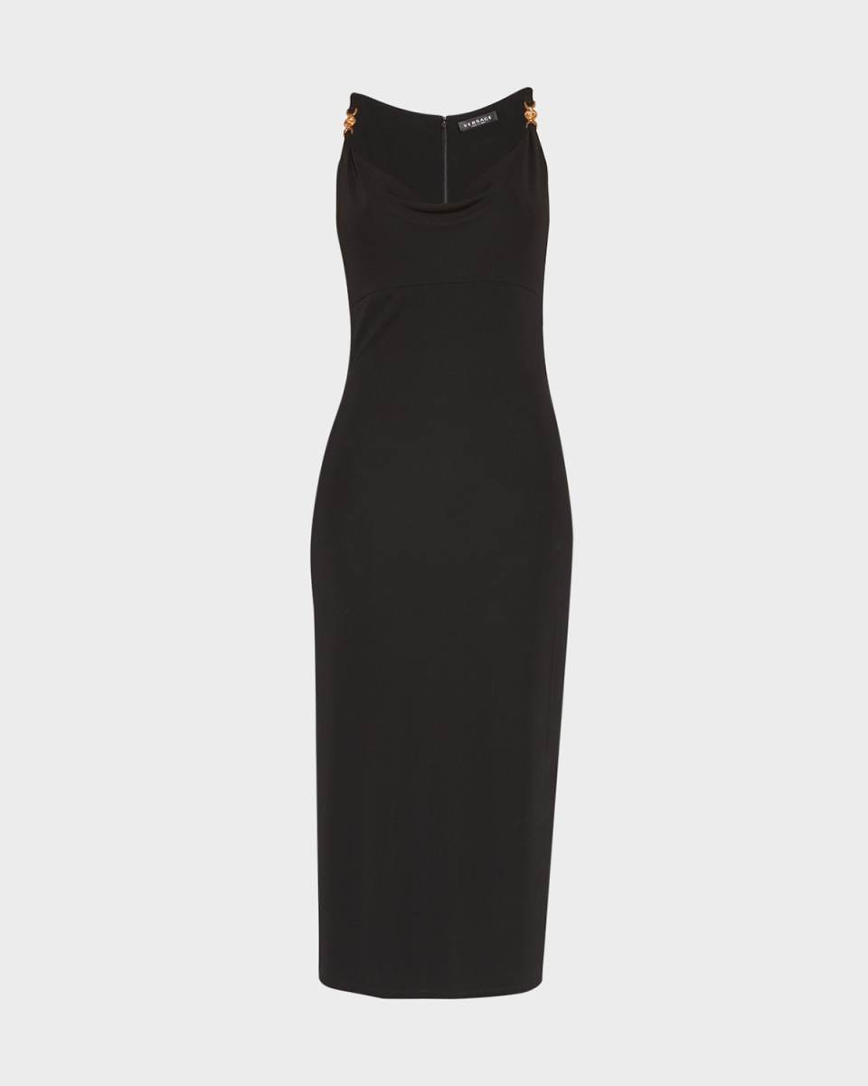 Cowl-Neck Medusa-Strap Jersey Midi Dress