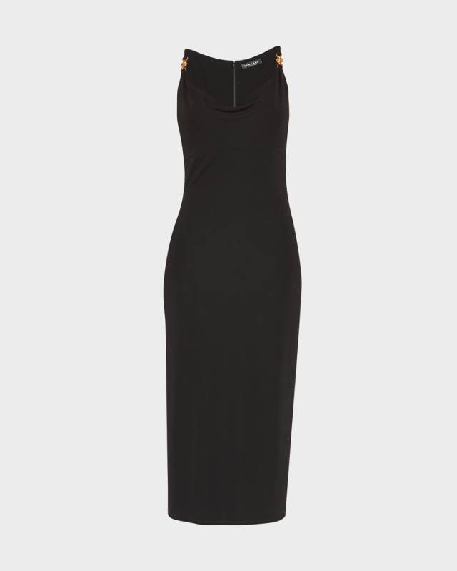 Cowl-Neck Medusa-Strap Jersey Midi Dress