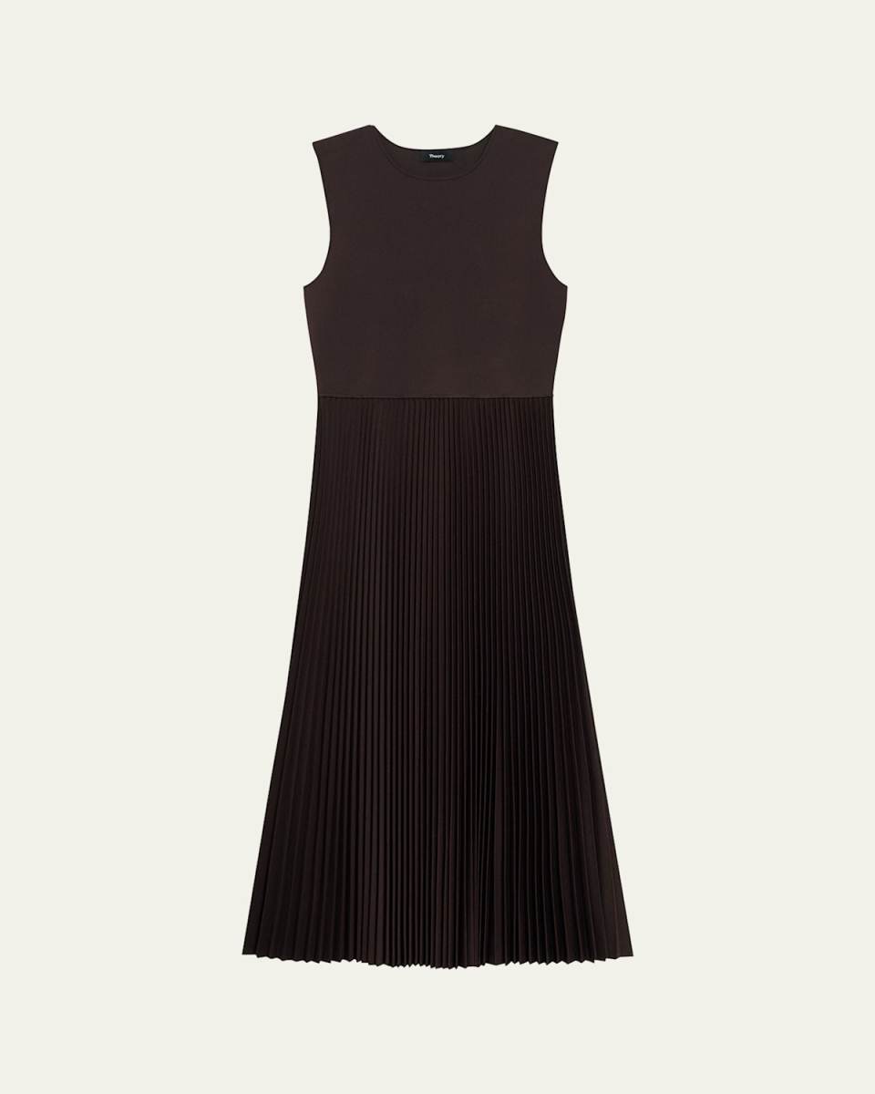 Combo Pleated Wool Suiting Sleeveless Midi Dress