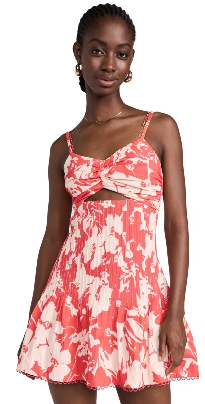 AMUR Ryder Fit & Flare Mini Dress Coral Colorblock Flowers