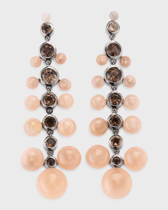 Peach Moonstone and Smokey Quartz Dew Drop Earrings