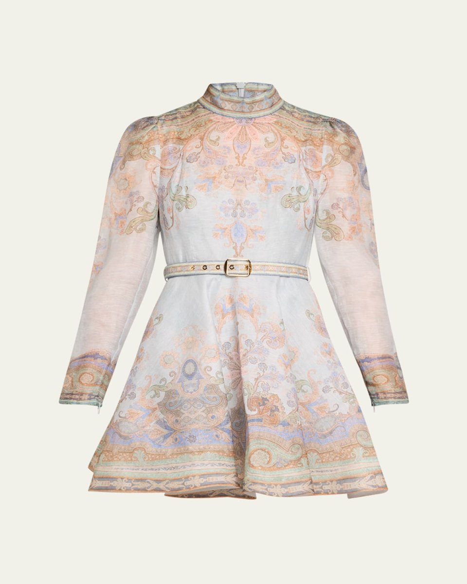 Eden Paisley-Print Long-Sleeve Belted Mini Dress