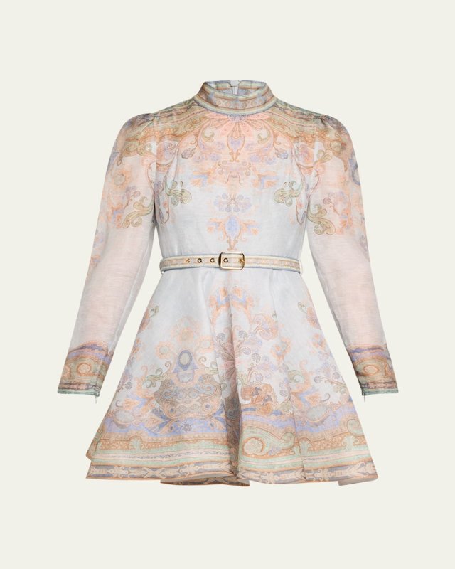 Eden Paisley-Print Long-Sleeve Belted Mini Dress