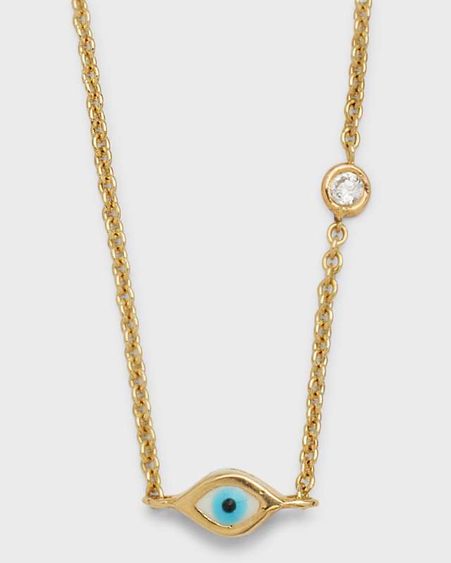 14k Gold Evil Eye Necklace with Single Diamond