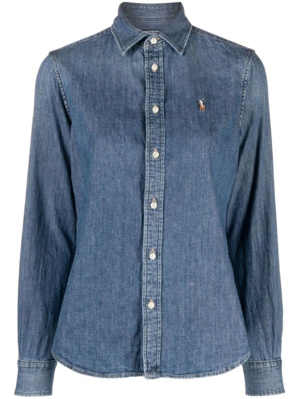 embroidered-logo denim shirt