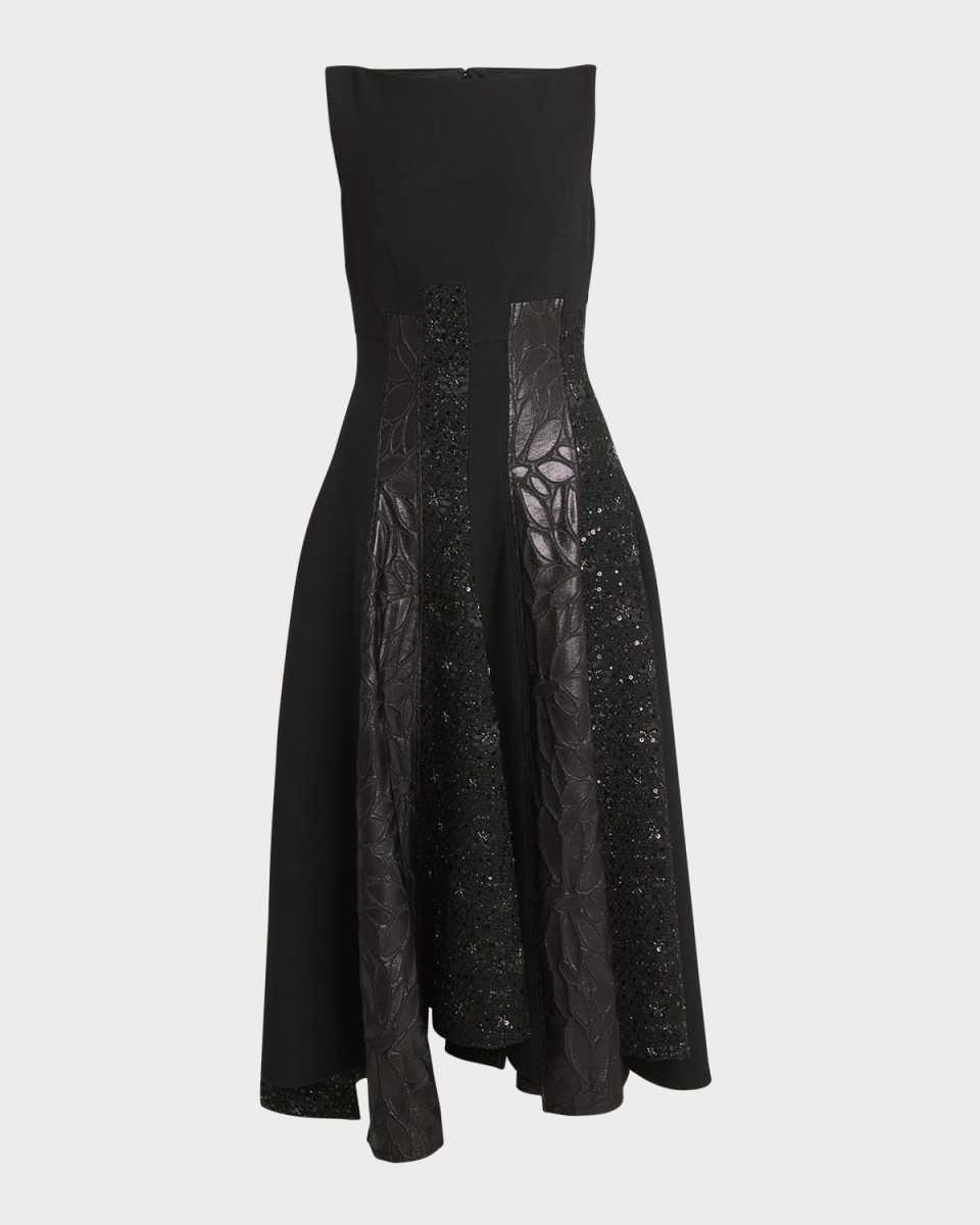 Mixed-Media Black Iris Tweed Paneled Midi Dress