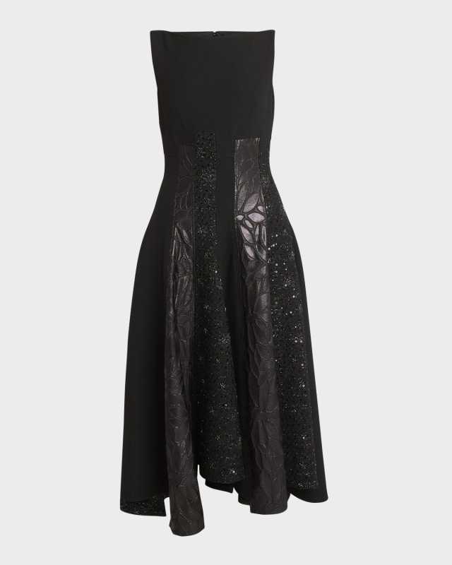 Mixed-Media Black Iris Tweed Paneled Midi Dress