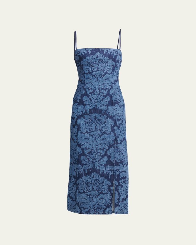 Damask Print Denim Midi Dress