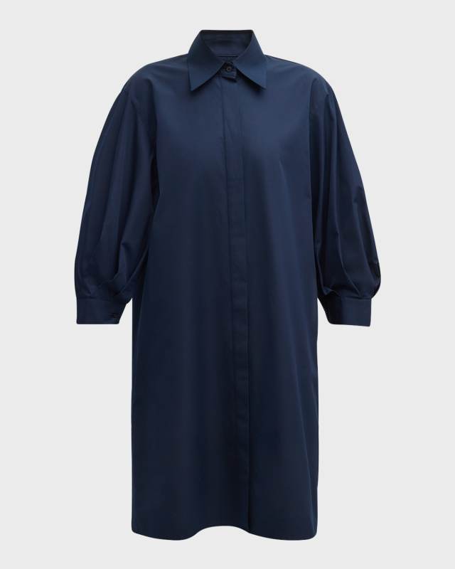 Blouson-Sleeve Cotton Poplin Midi Shirtdress