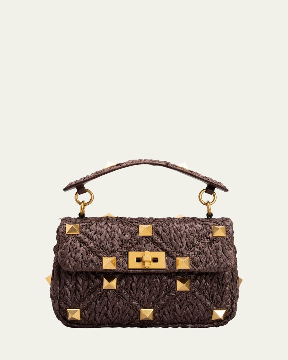 Roman Stud Medium Raffia Shoulder Bag
