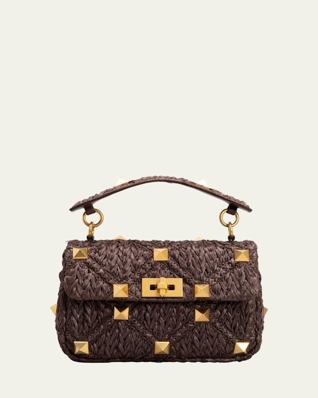 Roman Stud Medium Raffia Shoulder Bag