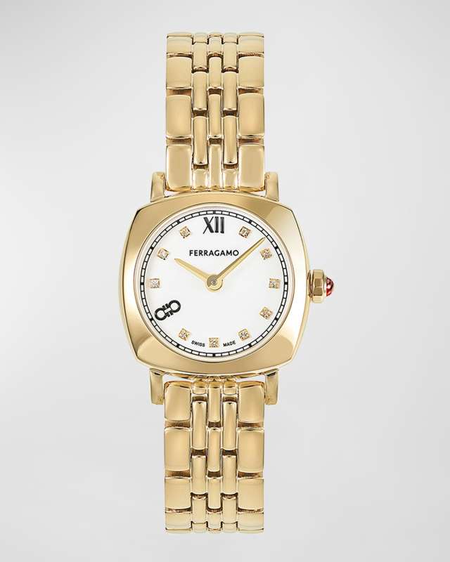 23mm Ferragamo Soft Square Watch with Bracelet Strap, Yellow Gold