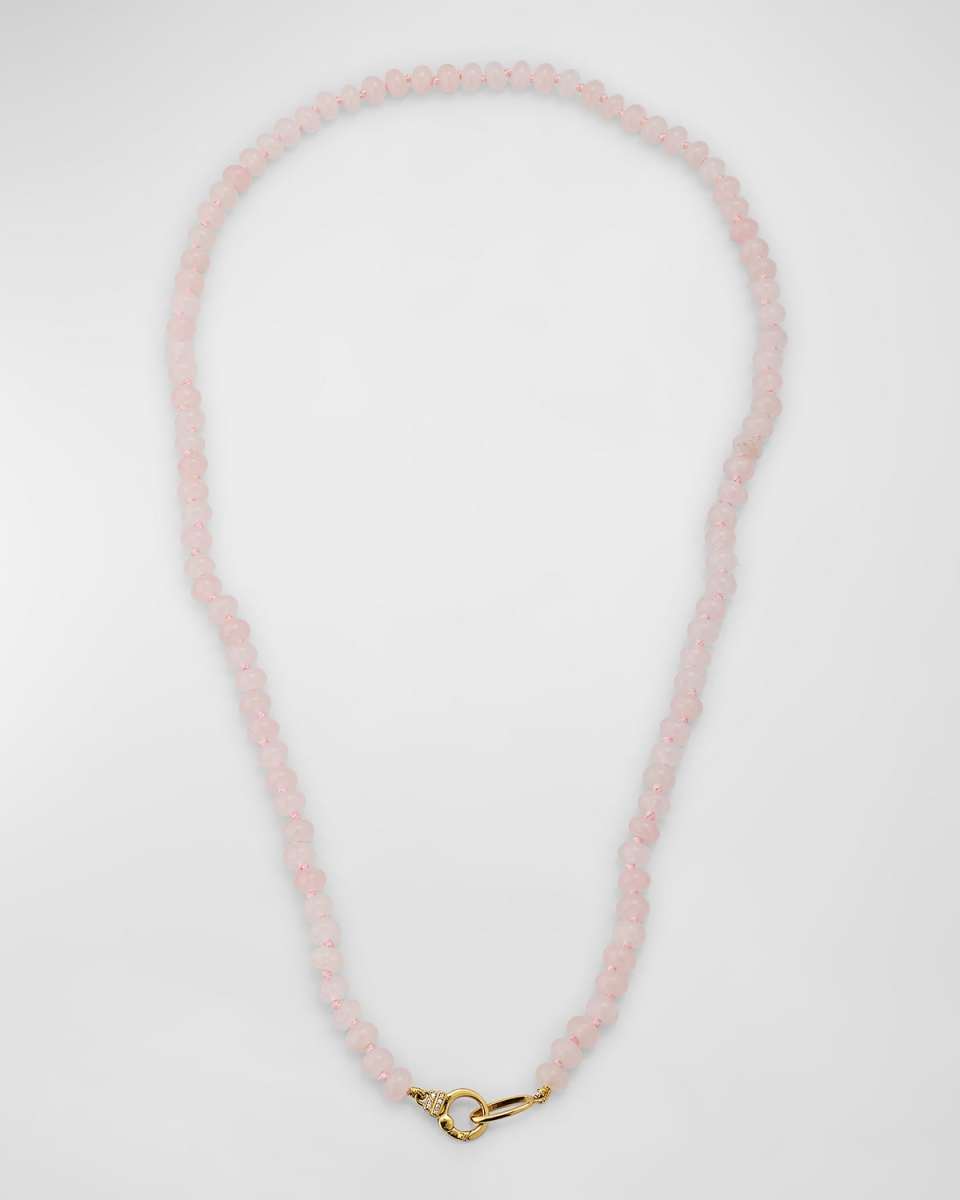 18K Yellow Gold 6mm Rose Quartz Rondelle Necklace with Small Diamond Clasp, 22"L