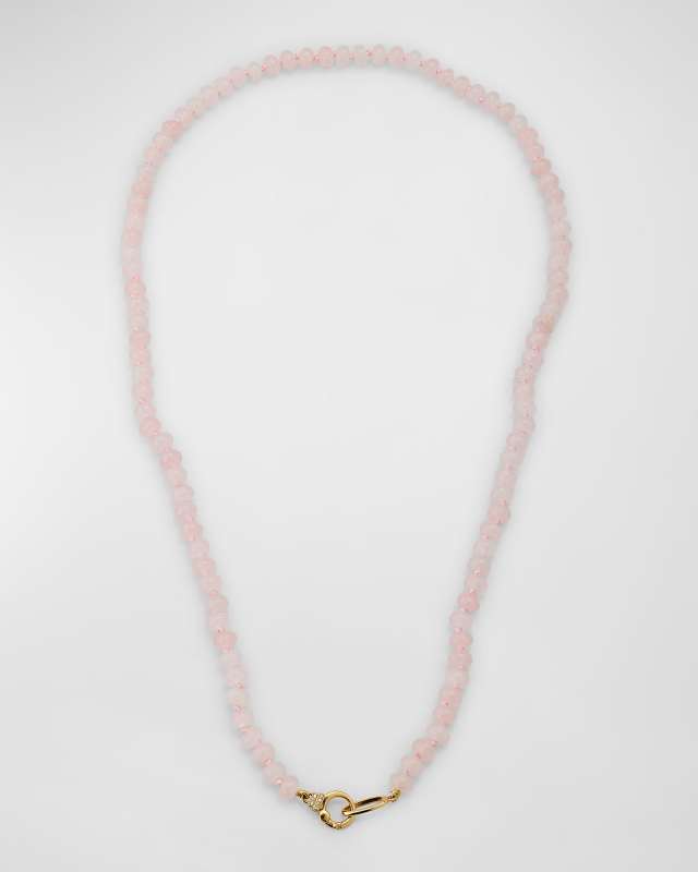 18K Yellow Gold 6mm Rose Quartz Rondelle Necklace with Small Diamond Clasp, 22"L