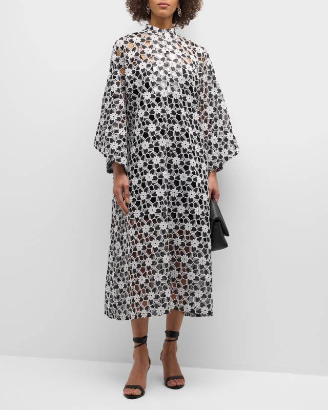 Cutout Floral-Embroidered Maxi Caftan