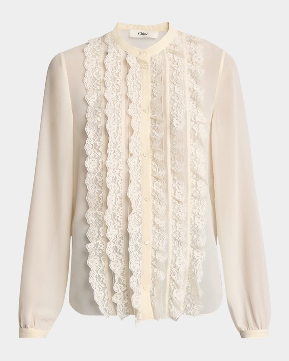 Lace-Ruffle Bib Silk Button-Down Top