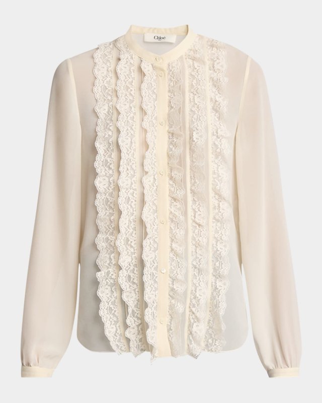 Lace-Ruffle Bib Silk Button-Down Top