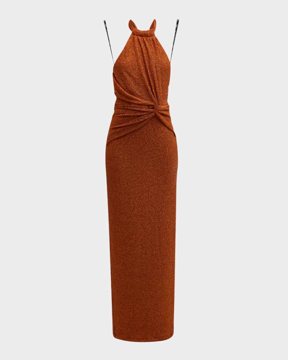 Fina Side-Twist Shimmer Halter Gown