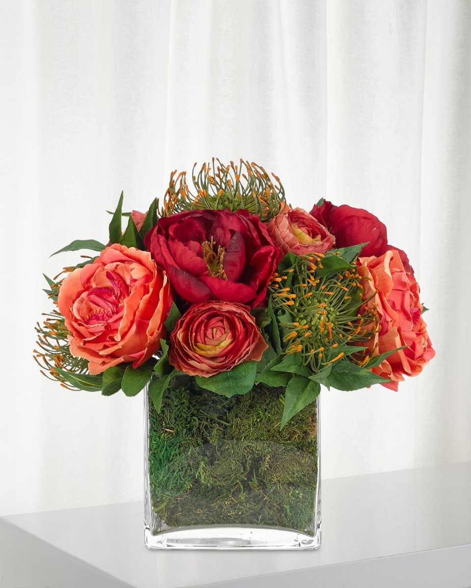 Rose Peony Faux-Floral Arrangement in Glass Cube with Moss, 13wx13dx12h
