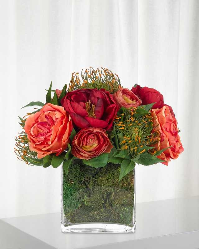 Rose Peony Faux-Floral Arrangement in Glass Cube with Moss, 13wx13dx12h