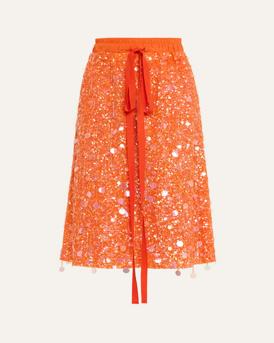 Beaded Sequined Drawstring Midi Skirt