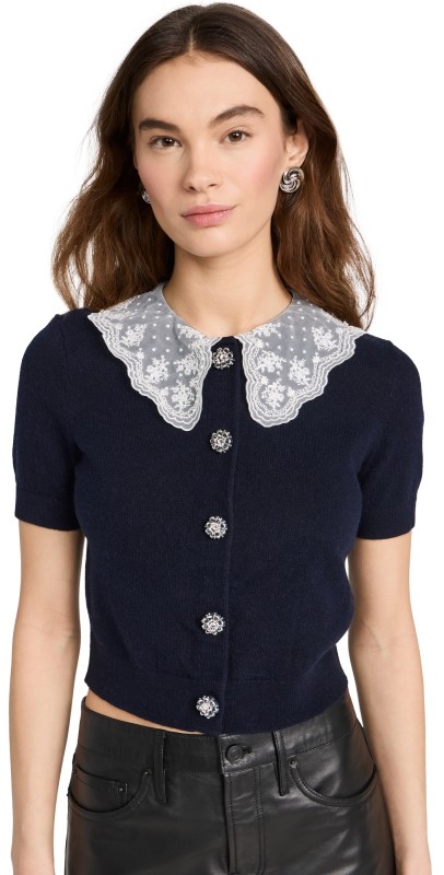 Self Portrait Navy Cashmere Blend Collar Cardigan Navy