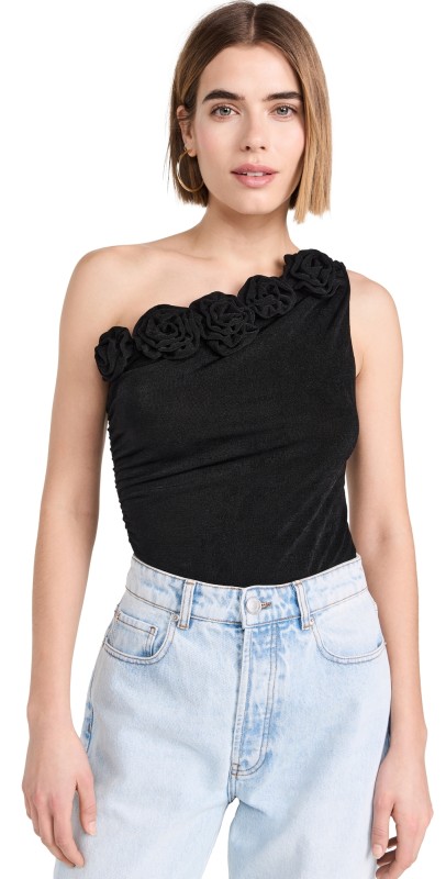 endless rose Rosette One Shoulder Bodysuit Black