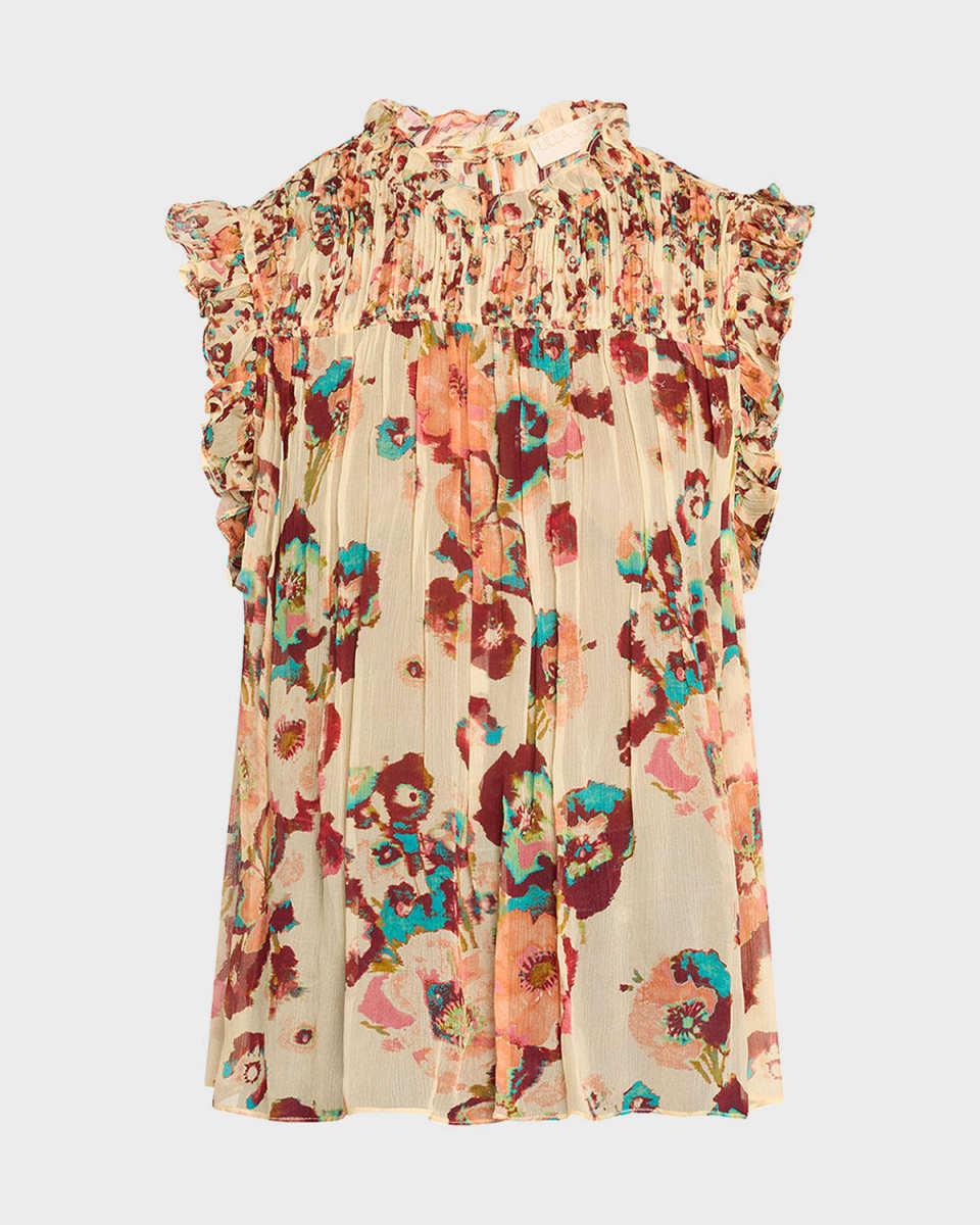 Georgina Sleeveless Ruffled Floral Silk Top