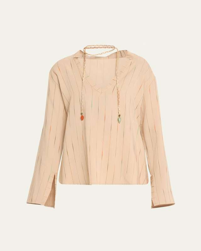 Striped Woven V-Neck Blouse