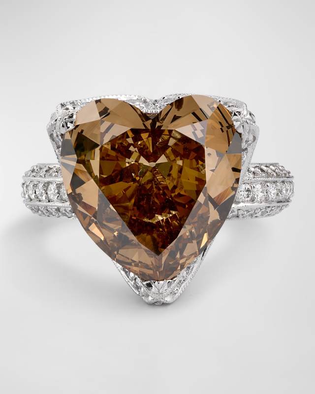 Estate Platinum Fancy Dark Orange Diamond Heart Ring, Size 6