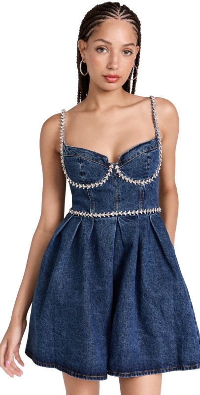 Self Portrait Diamante Detail Denim Mini Dress Blue