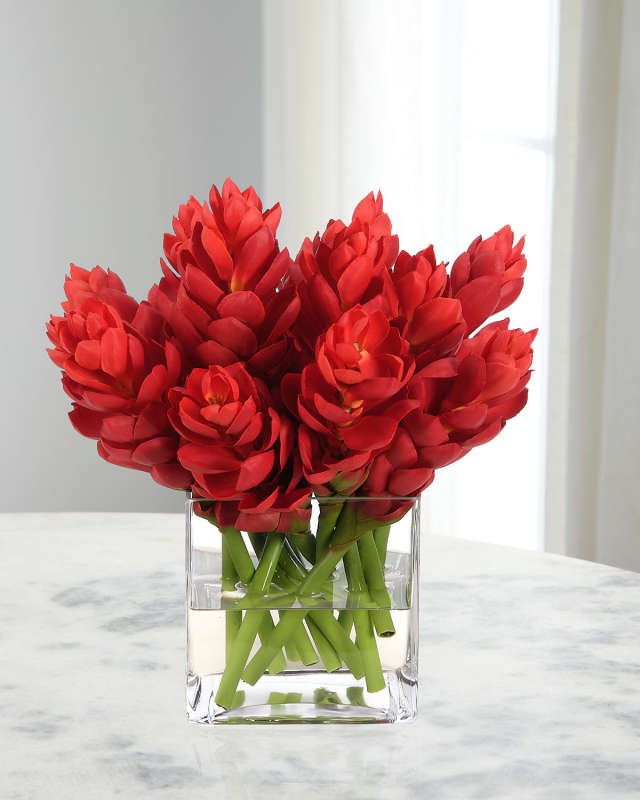 Red Ginger 14" Faux Floral Arrangement in Glass Cube