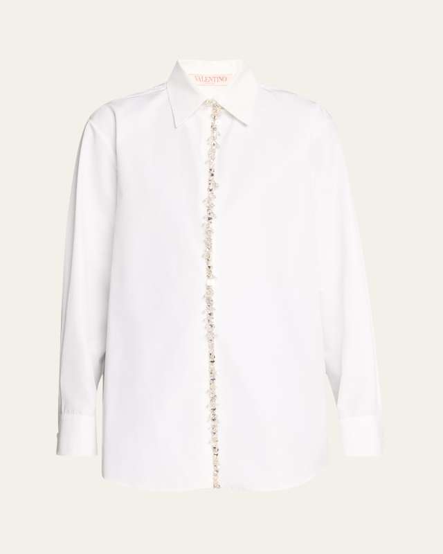 Poplin Button-Front Shirt with Crystal Trim Placket