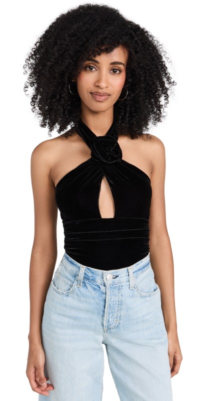 BARDOT Inara Velour Thong Bodysuit Black