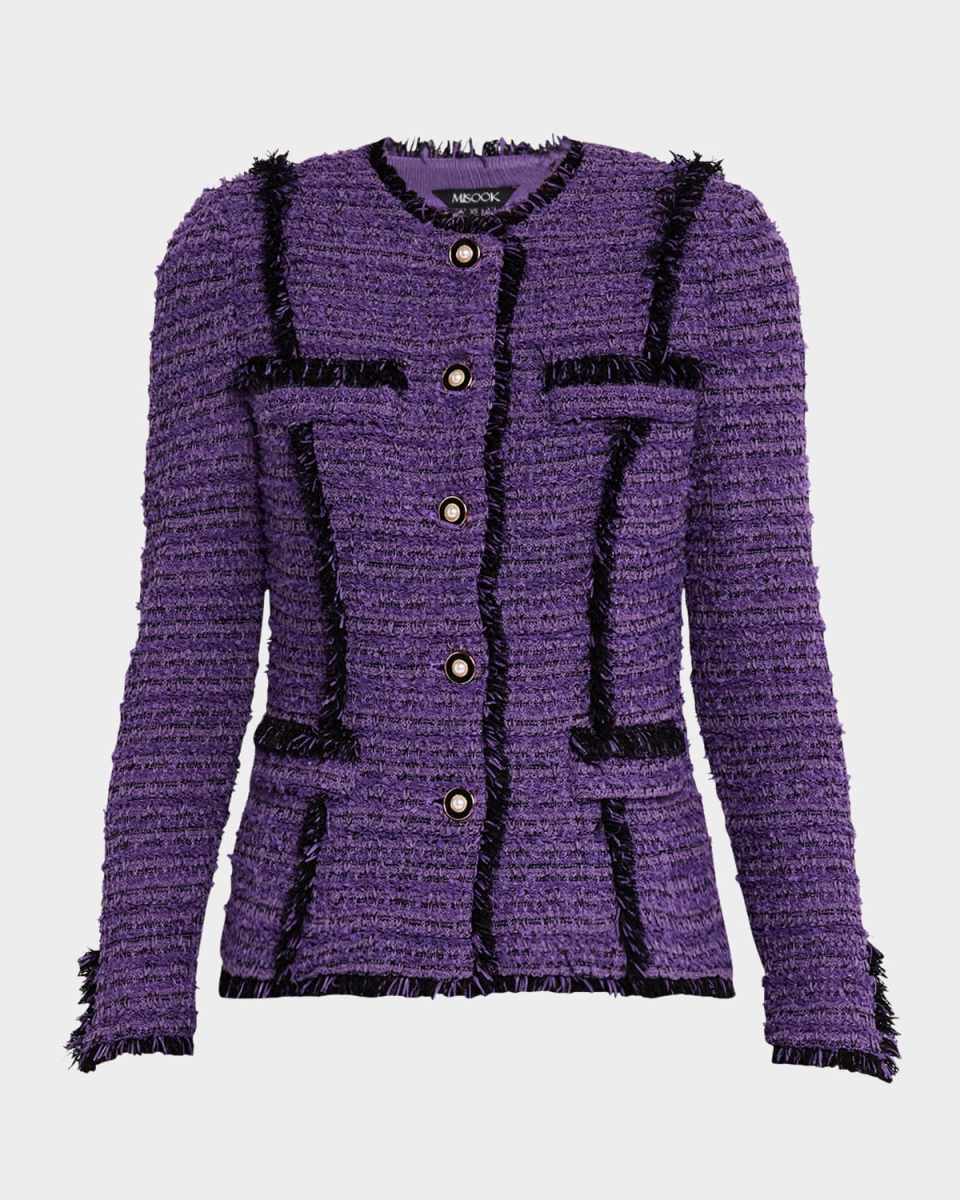 Fringe-Trim Tailored Tweed Knit Jacket