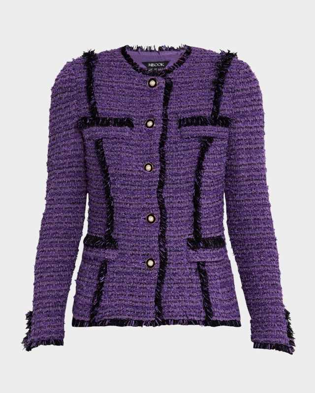 Fringe-Trim Tailored Tweed Knit Jacket
