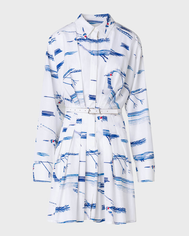 Cotton Poplin Belted Shirtdress in Kasuri Birds Print