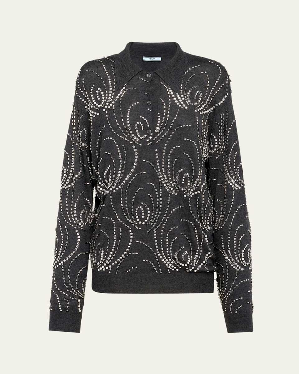 Beaded Crystal Oversized Polo Cashmere Shirt, Gray