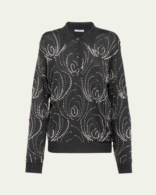 Beaded Crystal Oversized Polo Cashmere Shirt, Gray