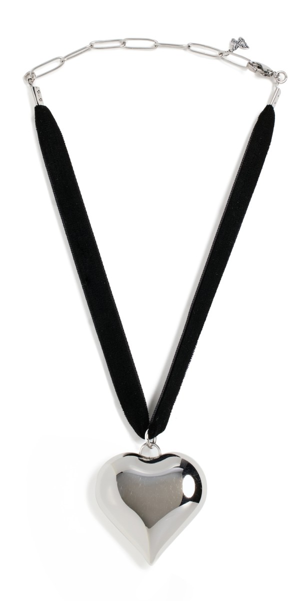 By Adina Eden Puffy Chunky Heart Necklace Black Velvet Choker Silver