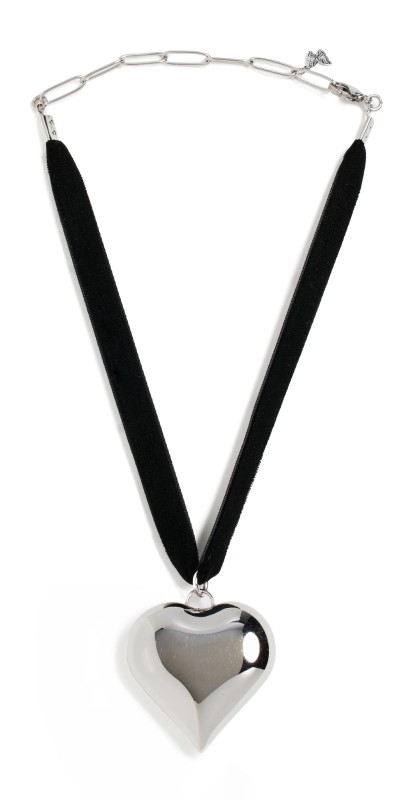 By Adina Eden Puffy Chunky Heart Necklace Black Velvet Choker Silver