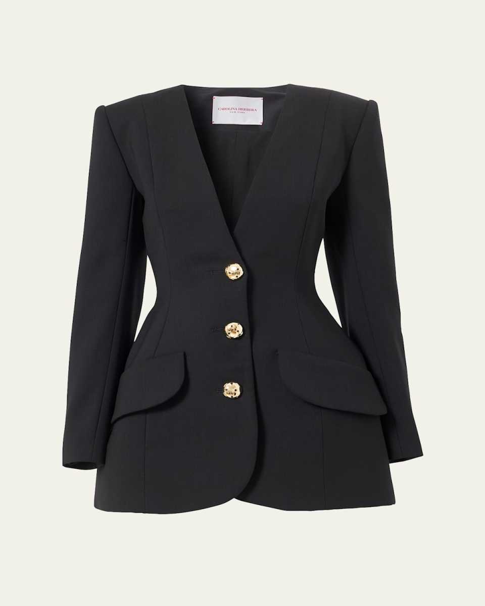 Broad Shoulder Button Front Wool Jacket