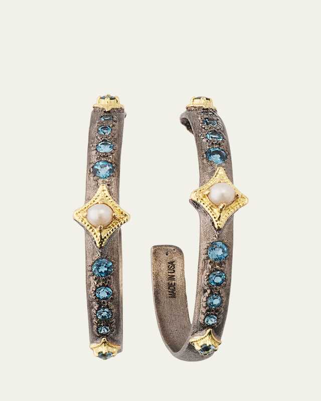 Oval Hoop Earrings with Topaz and Pearls