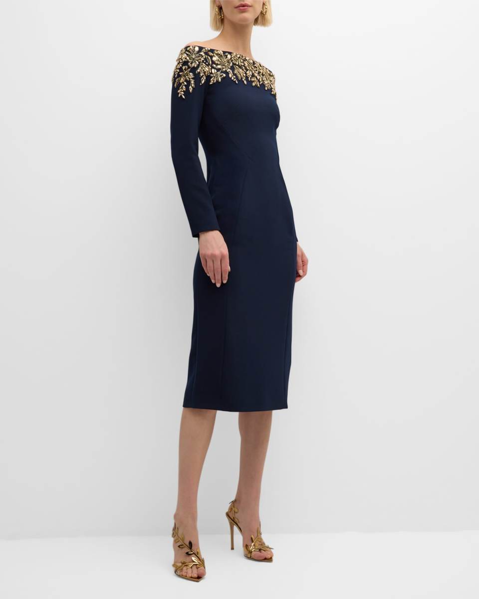Rosabel Crystal Off-The-Shoulder Long-Sleeve Dress
