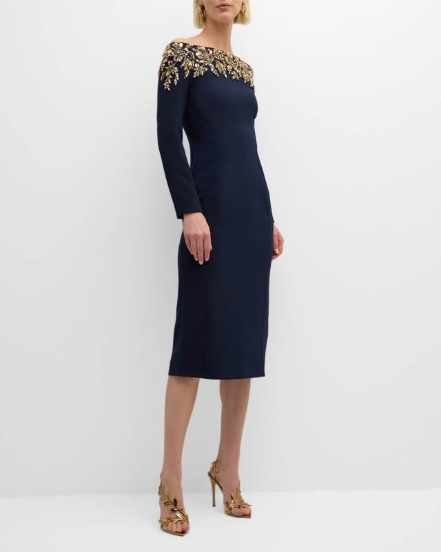 Rosabel Crystal Off-The-Shoulder Long-Sleeve Dress