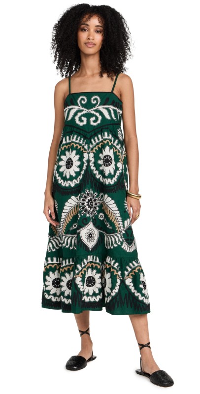Sea Charlough Print Sleeveless Embroidered Dress Green