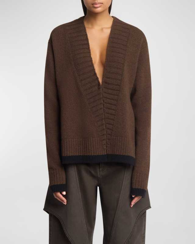 Slanted V Neck Wool Cashmere Sweater with Tipping