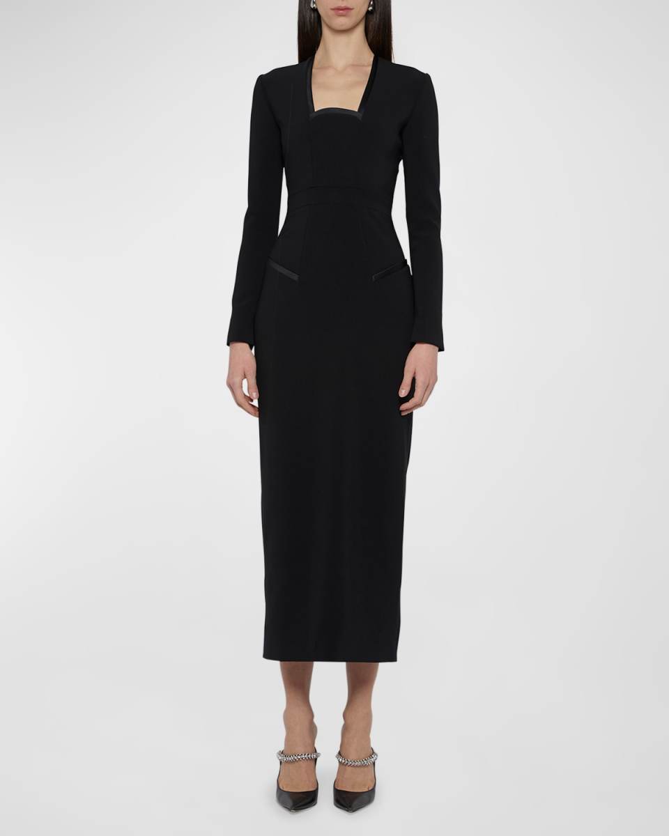Square-Neck Long-Sleeve Midi Sheath Dress