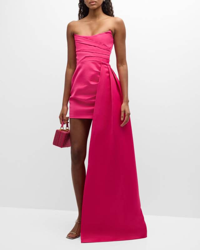 Brenda Satin Strapless Detachable-Train Mini Dress