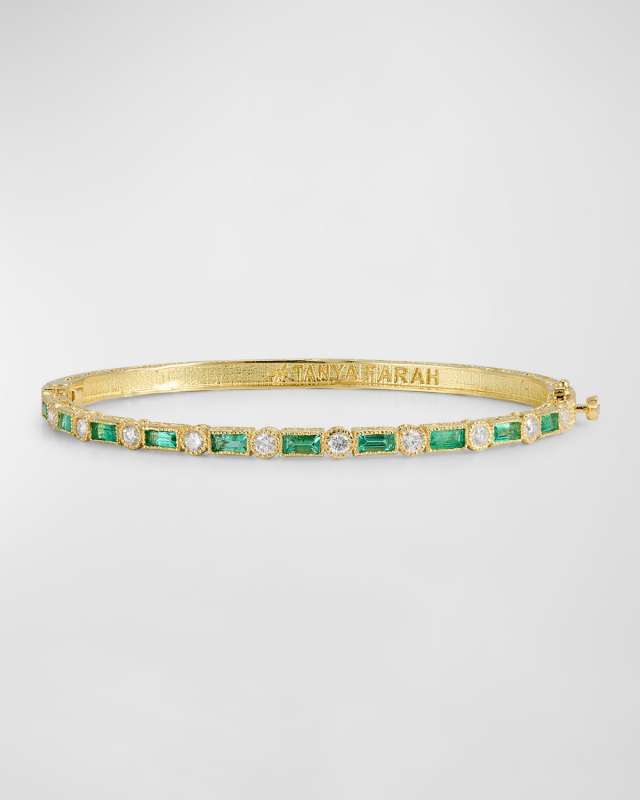 18k Yellow Gold Emerald and Diamond Bangle Bracelet